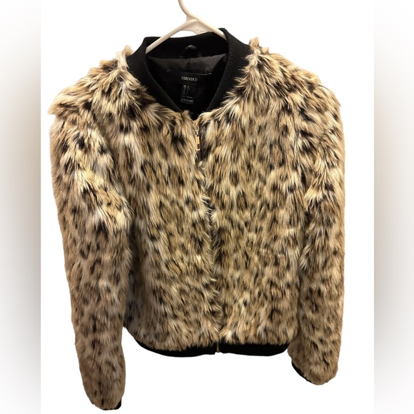 FOREVER 21 EUC FAUX CHEETAH FUR FULL ZIP JACKET SIZE LARGE - Picture 1 of 5